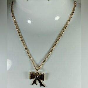 Gold Bow Pendant Necklace with Red Stone- Women Jewelry